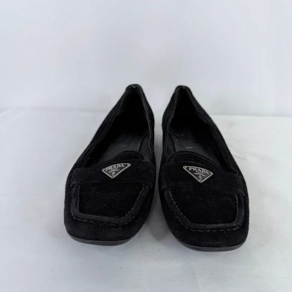 Prada Loafers Women Size 37 Black Suede Triangle Logo Flat Shoes Made in Italy - Picture 13 of 13